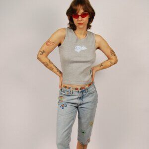 Y2K Flower Embroidered Capris (28") light blue denim jeans vintage boho hippie